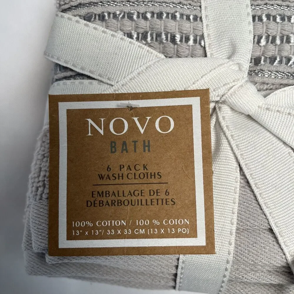 Novo Bath Washcloths Smoke Gray Set Of 6 13x13 Inch 100% Cotton